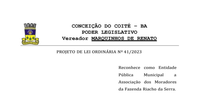 Projeto de Lei Nº 41 reconhece como Utilidade Pública Municipal a Associação dos Moradores da Fazenda Riacho da Serra