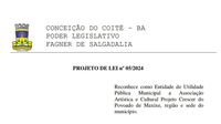 Projeto de Lei reconhece como Entidade de Utilidade Pública Municipal a Associação Artística e Cultural Projeto Crescer do Povoado de Maxixe